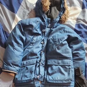 GAP Kids Blue Puffer Jacket with Faux Fur Hood